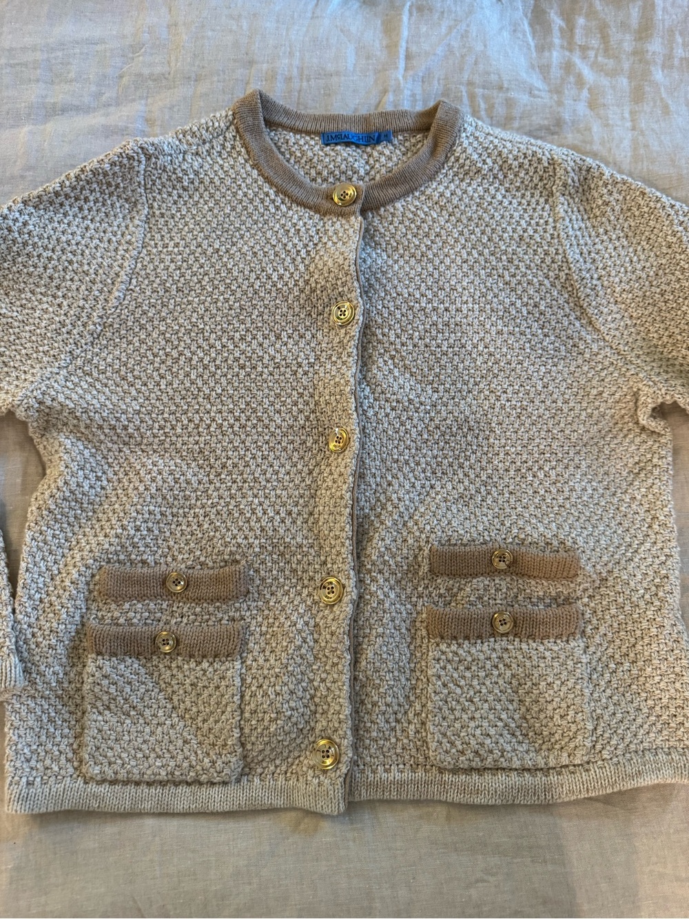J. McLaughlin Beige Knit Cardigan with Tan Trim